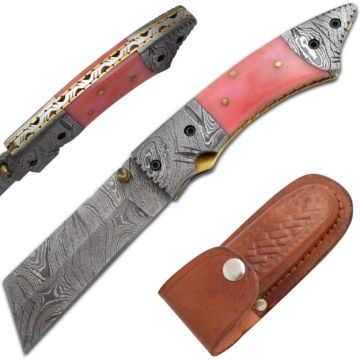 Wild Turkey Handmade Red Damascus Razor Style Folder Knife (DM-400RD)